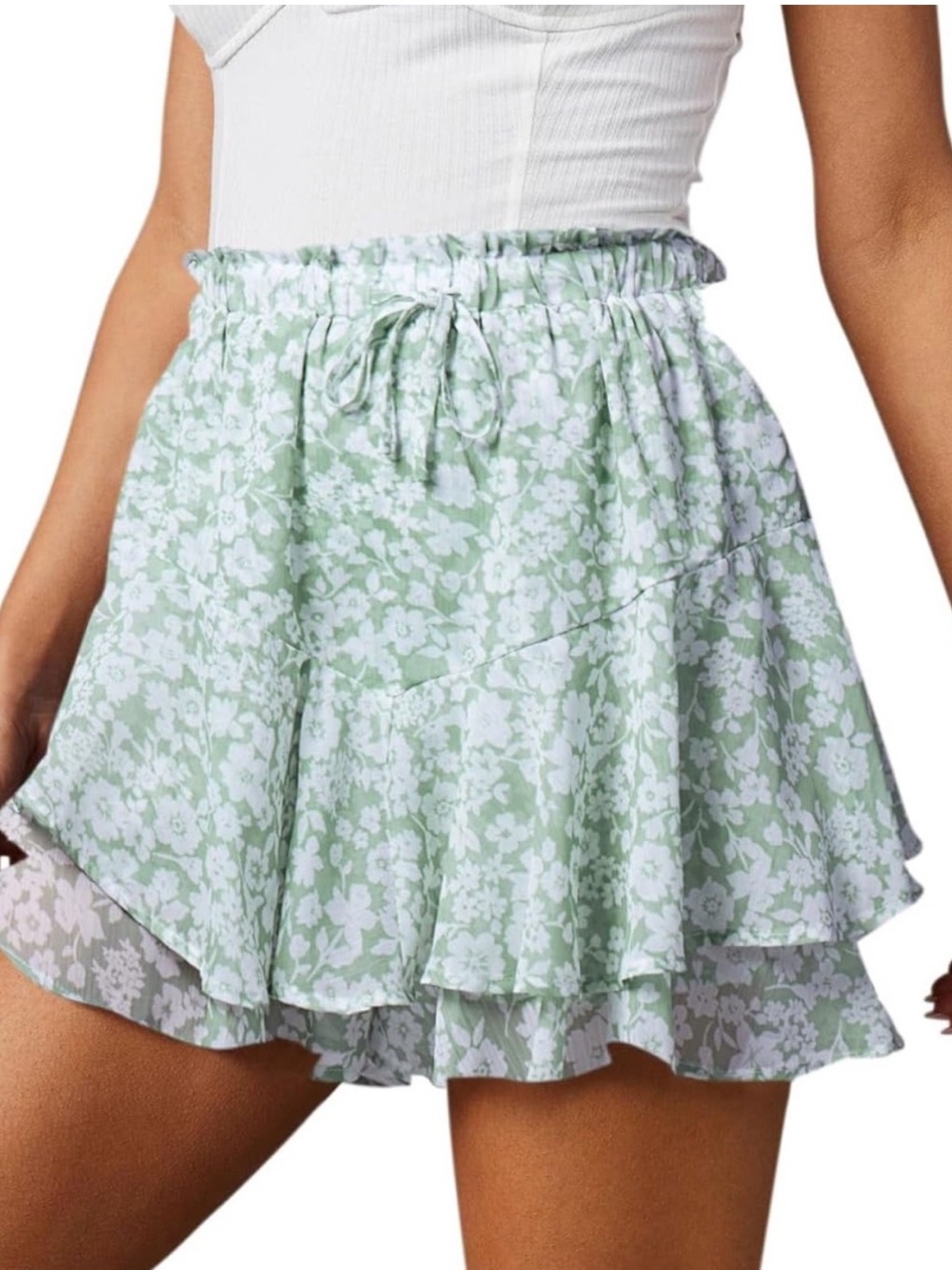 Green White Floral Tiered Chiffon Tennis Ruffle Mini Skort Skirt Shorts L Large